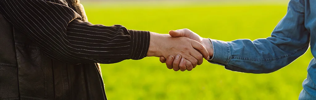 Gros plan sur deux personnes se serrant la main avec un terrain en arrière-plan.