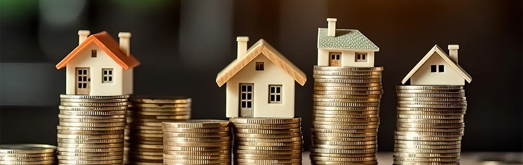 Des miniatures de maisons en bois, posées sur des piles de pièces de monnaie.